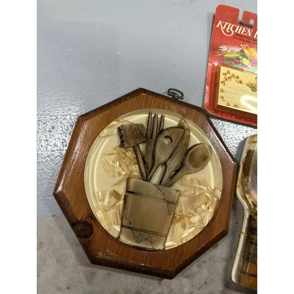 Lucite Spoon Rest & Trivet with Wood Utensils in Wood Holder 1970s Retro Vintage